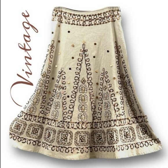 NWT Anthropologie BASIL & MAUDE MidiSkirt Beige Embellish Bronze Metallic Sequin - Picture 3 of 5